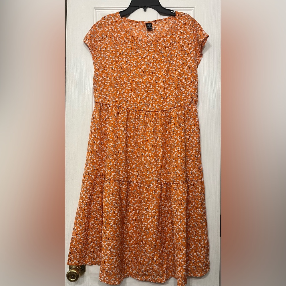 Casual Brown and Orange Tiered Midi Sundress